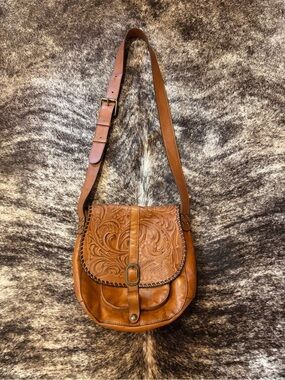 Patricia Nash Barcellona Tooled Saddle Bag, Leather Crossbody Purse